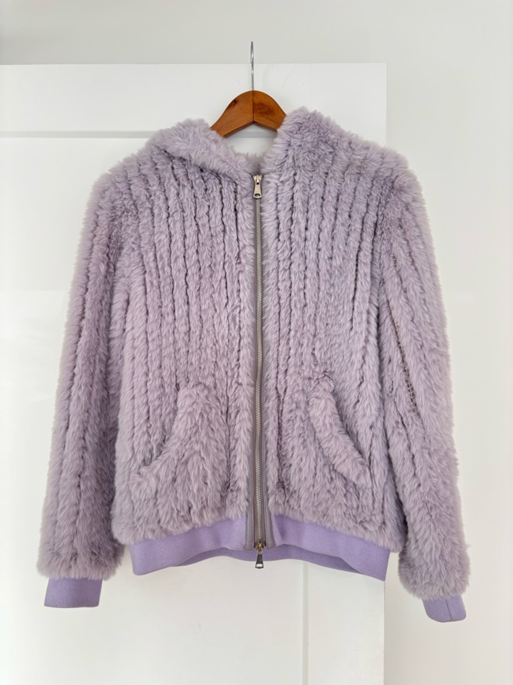 Lilac Plush Faux-Fur Bomber Jacket with Hood